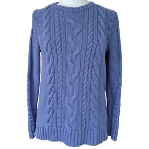 L.L. BEAN Double L Cable Knit Sweater Crewneck Large Periwinkle Blue Chunky